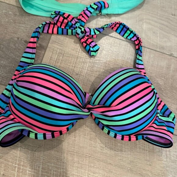 TAHITI WOMENS SMALL BIKINI TOPS GREEN AND STRIPED 2 SWIM TOPS - Picture 2 of 7